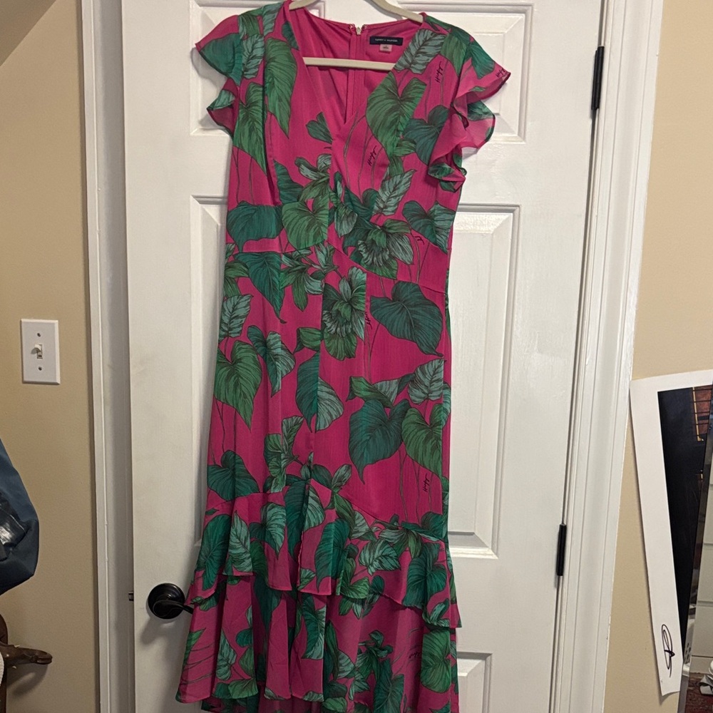 Magenta Floral Wrap Midi Dress with Ruffle Hem